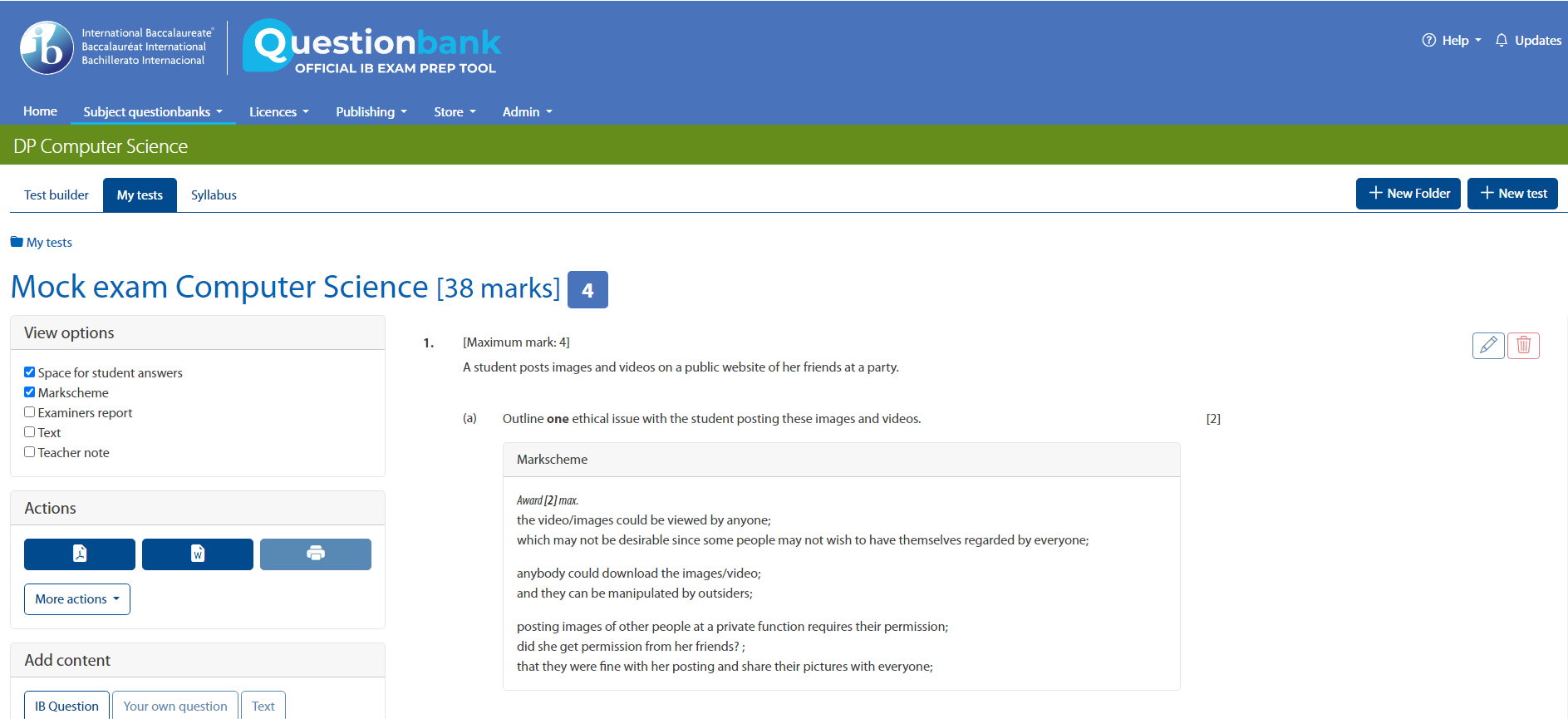 Screenshot of my tests page