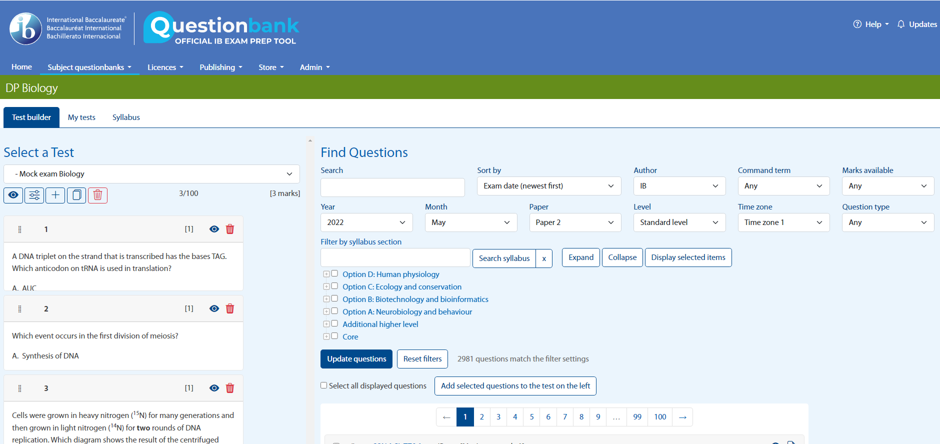 Screenshot of test builder page
