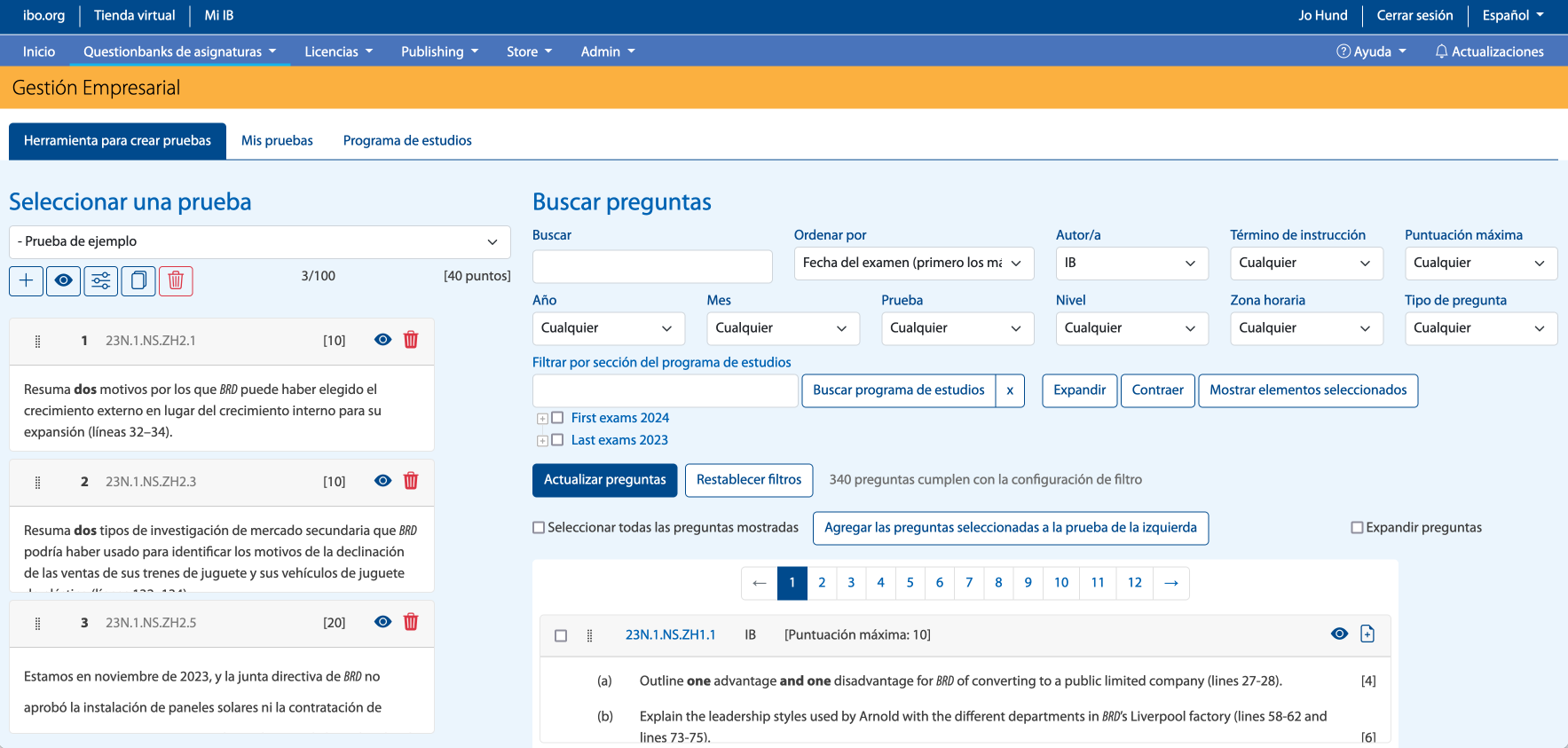 Captura de pantalla de la página del creador de pruebas